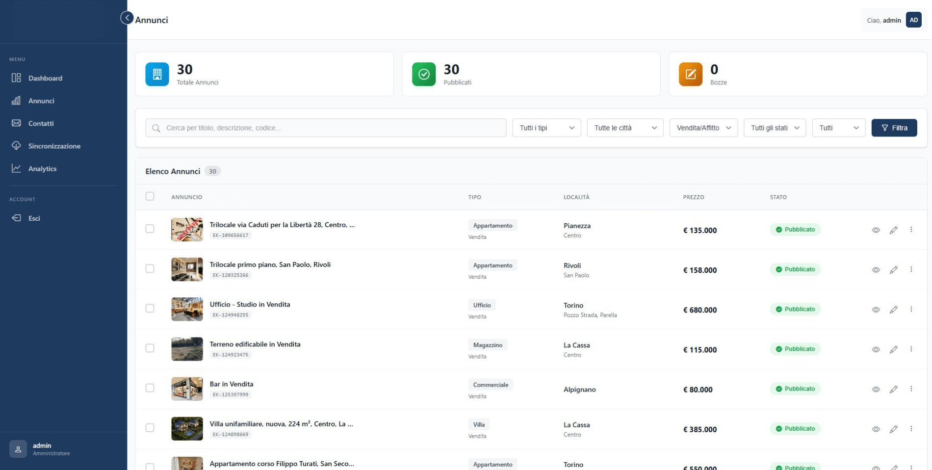 Dashboard gestionale immobiliare Kavalieri